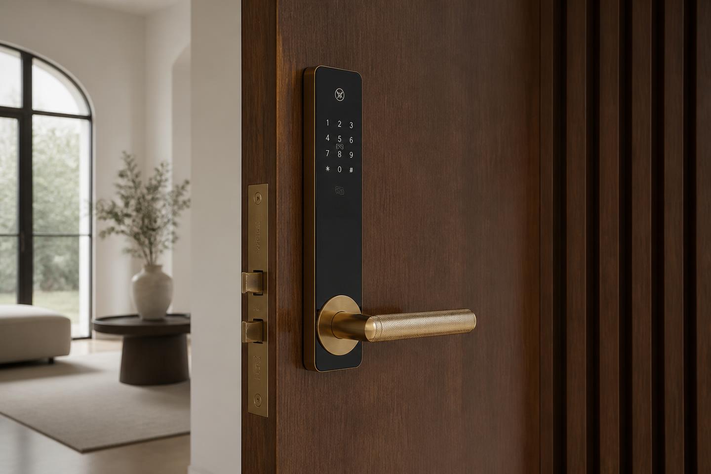 Modern entrance door with brass handle and smart lock